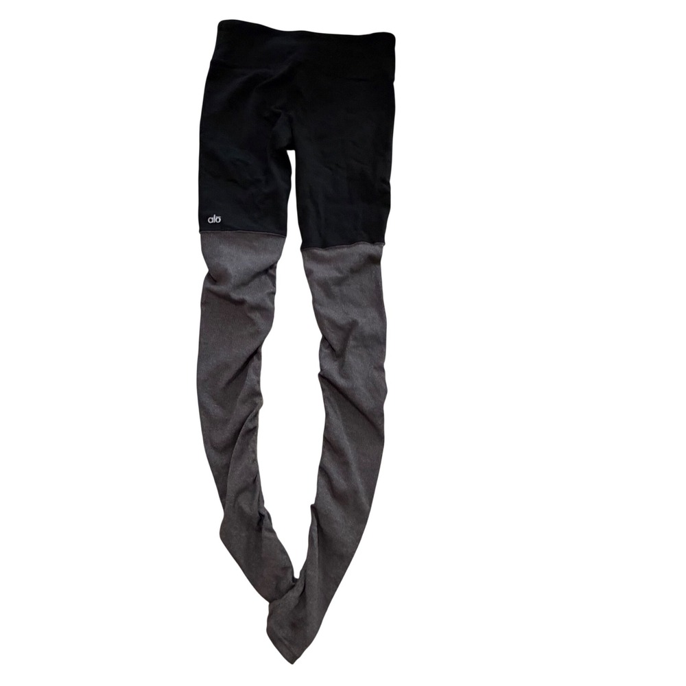 Alo Yoga Goddess Ribbed Leggings Black Charcoal Grey Two Tone Extra Long Inseam